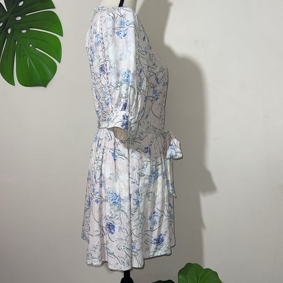 Express Floral Linen-Blend Puff Shoulder Tie Waist Romper Sz. M - Picture 9 of 15